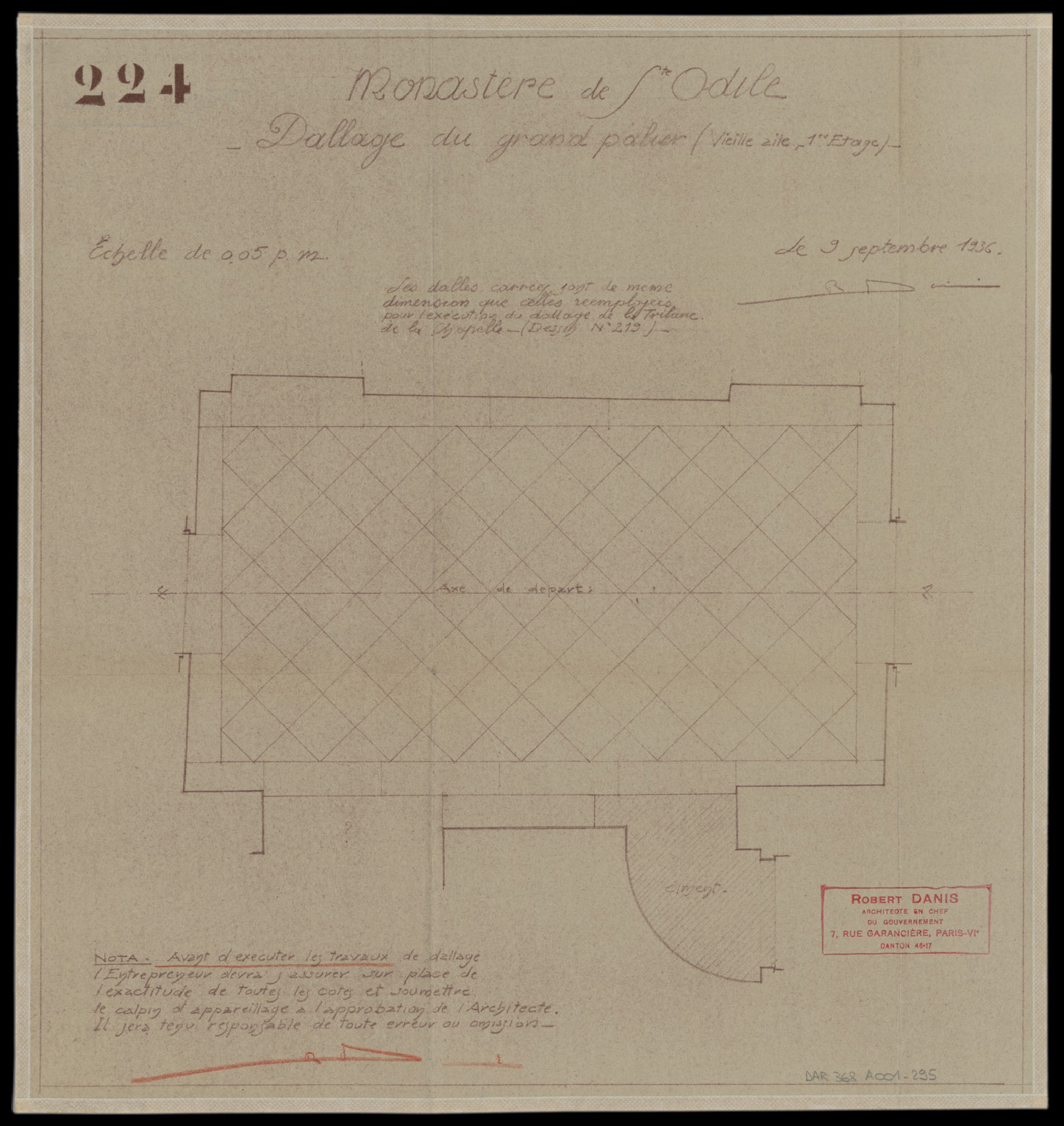 Vieille aile, plan du dallage du grand palier du premier étage.