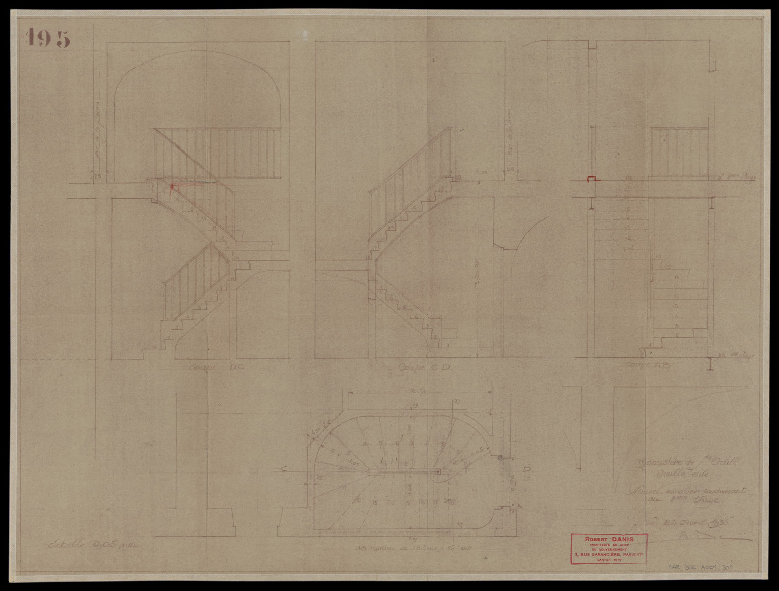 Projet de nouvel escalier au deuxième étage de la vieille aile, plan de masse et coupes.