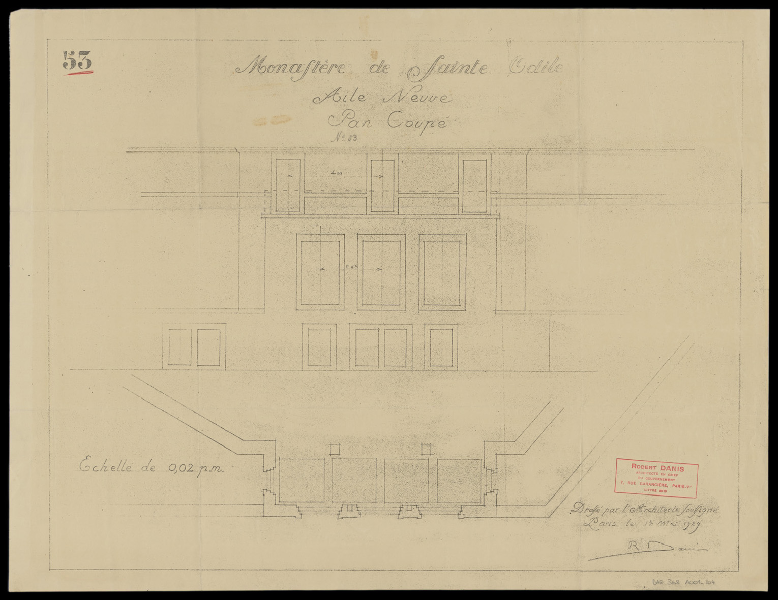 Aile neuve, plan de masse et coupe sur l’entrée.