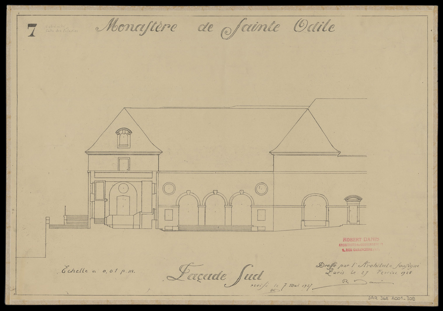 Façade sud, coupe longitudinale (extrémité de la salle des pèlerins?).