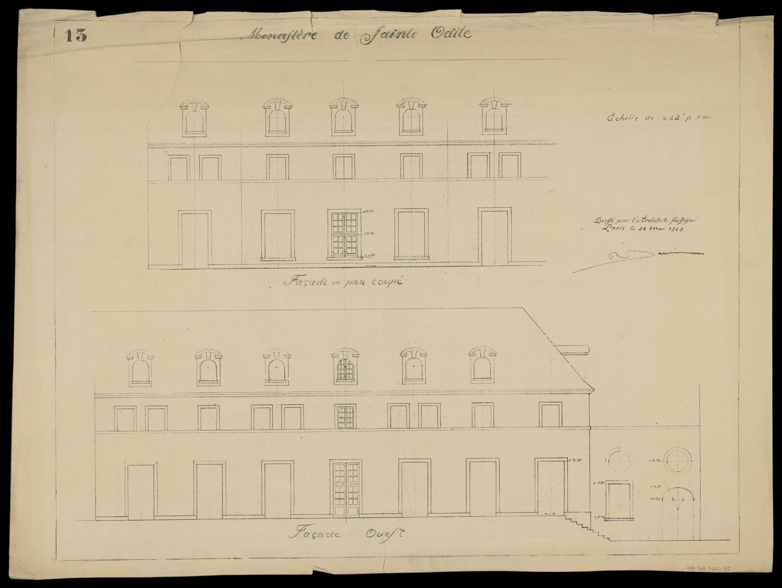 Façade en pan coupé et façade ouest, élévations.