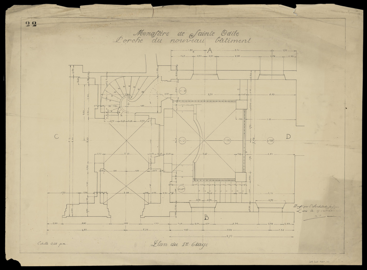 Porche du nouveau bâtiment, plan de masse du premier étage.