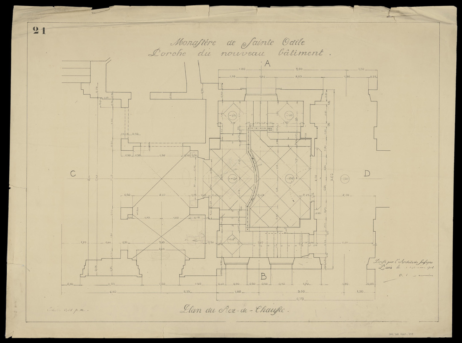 Porche du nouveau bâtiment, plan de masse du rez-de-chaussée.