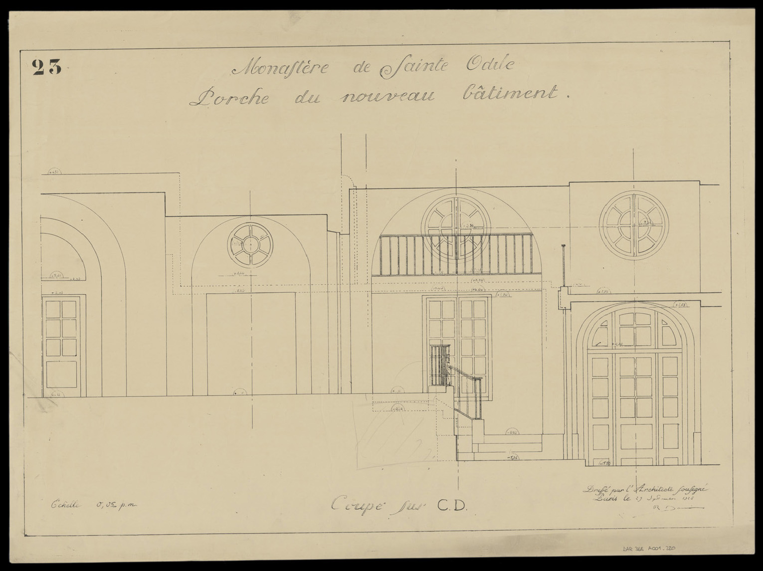 Porche du nouveau bâtiment, coupe longitudinale.