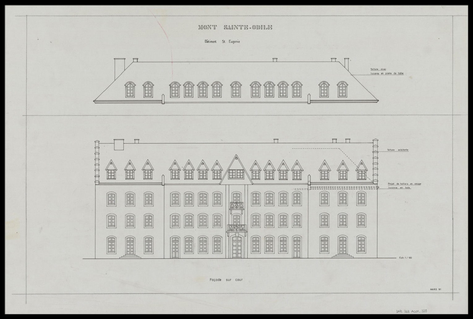 Projet de transformation de la toiture du bâtiment Sainte-Eugénie, élévations de l’état actuel et de l’état projeté sur la façade sur cour.