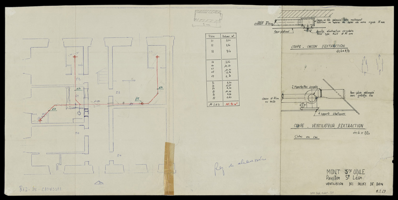 Pavillon Saint-Léon, plan de masse et détails du système de ventilation des salles de bain.