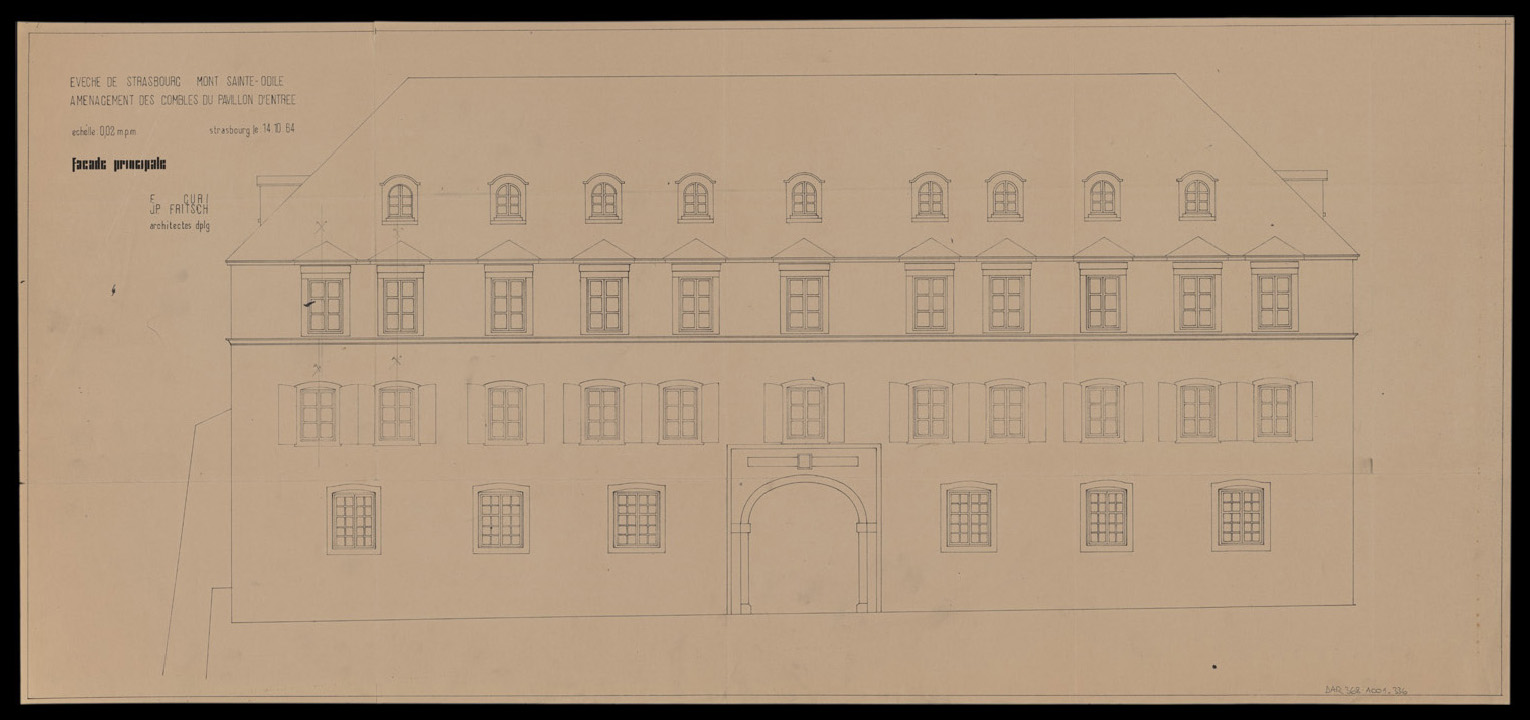 Projet d’aménagement des combles du pavillon d’entrée, élévation de la façade principale.