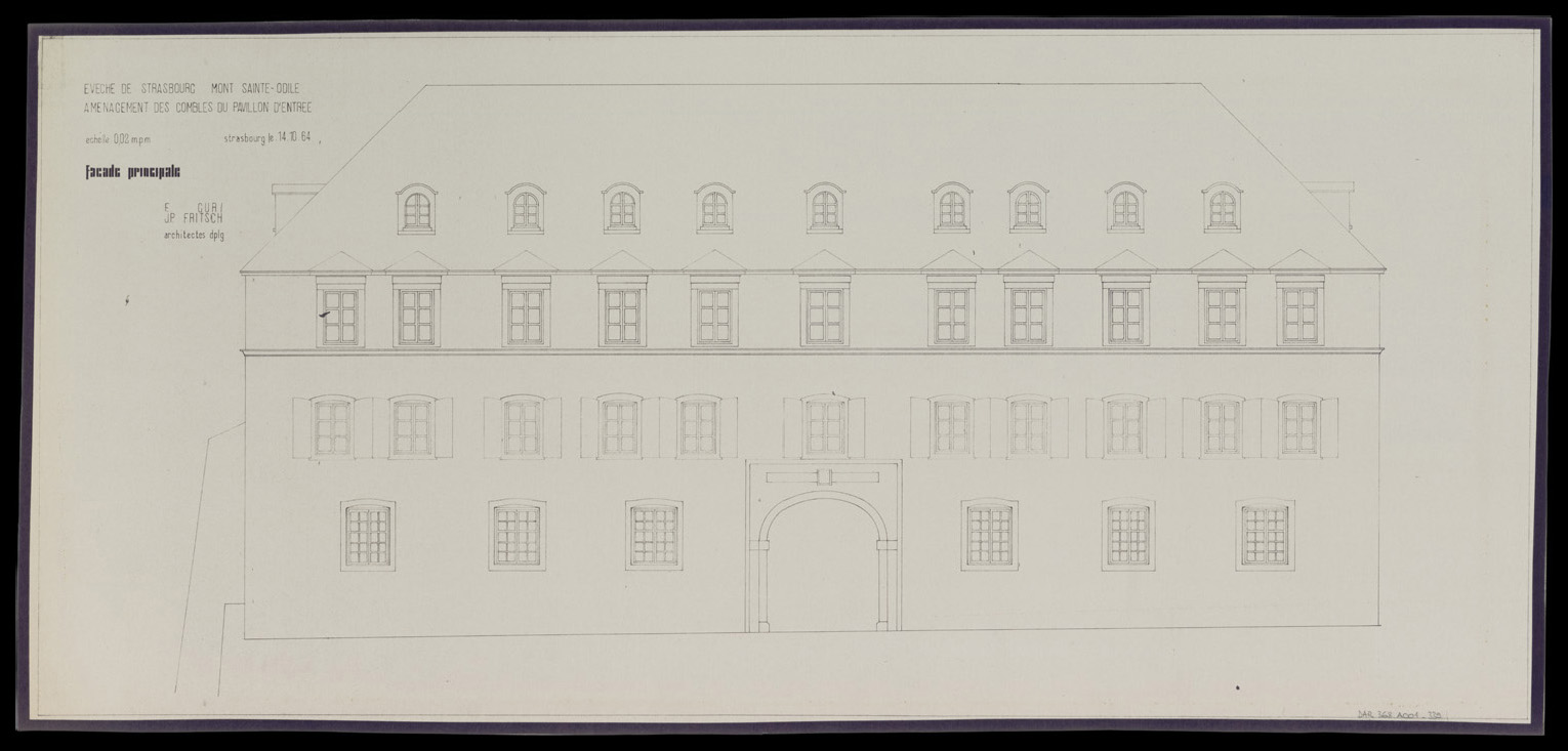 Projet d’aménagement des combles du pavillon d’entrée, élévation de la façade principale.