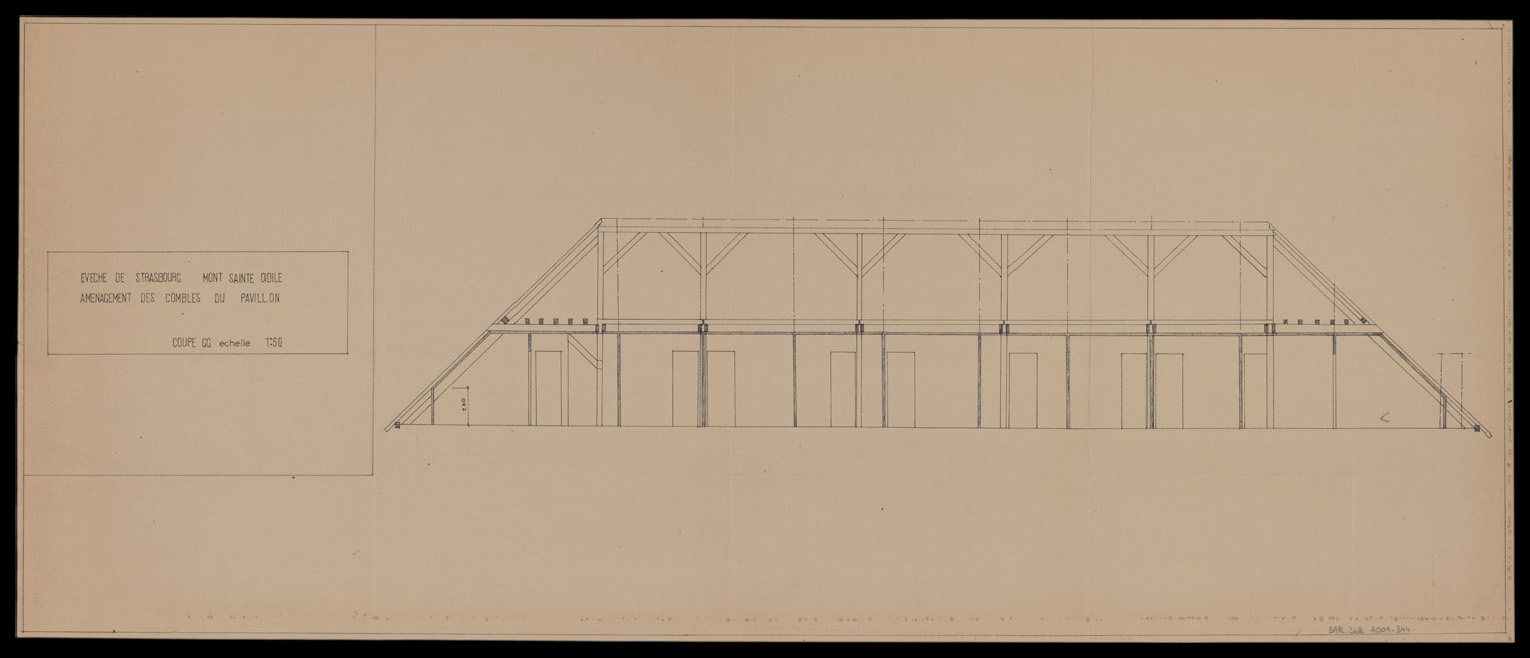 Projet d’aménagement des combles du pavillon d’entrée, coupe sur la charpente.