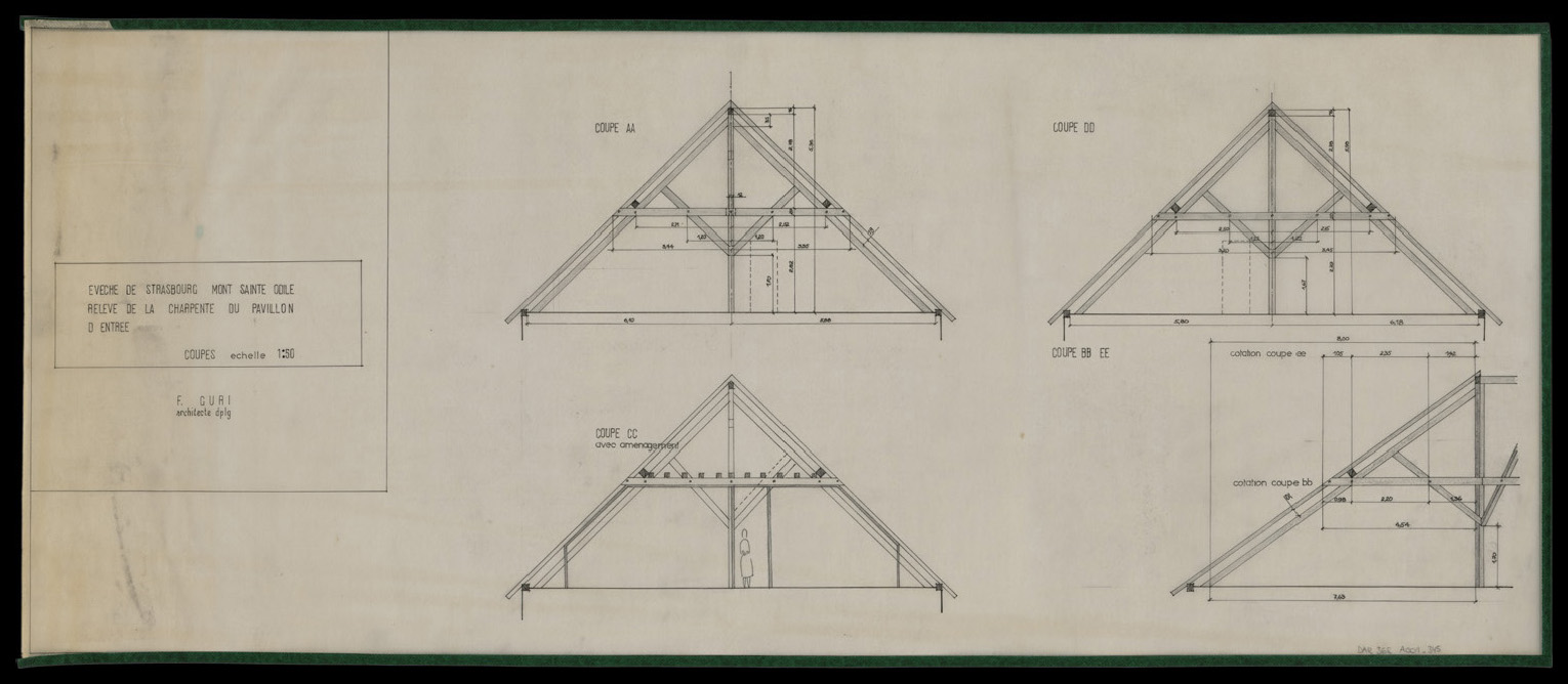 Projet d’aménagement des combles du pavillon d’entrée, coupes sur la charpente.