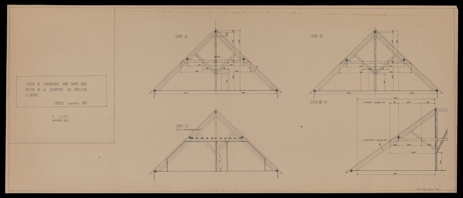 Projet d’aménagement des combles du pavillon d’entrée, coupes sur la charpente.