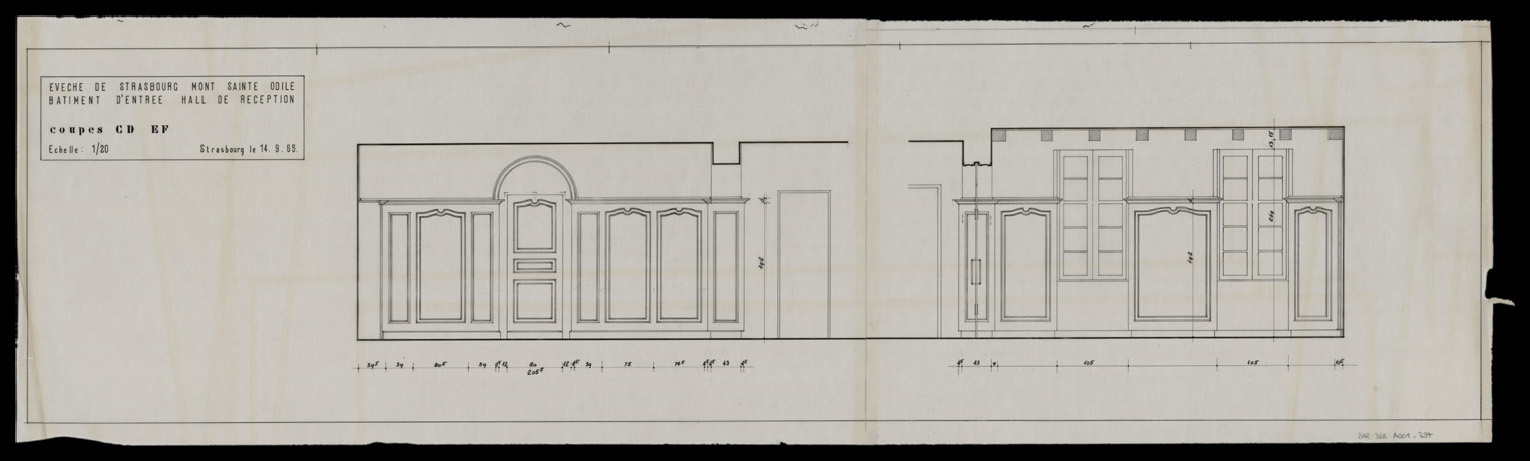 Bâtiment d’entrée, coupe sur le hall de réception.