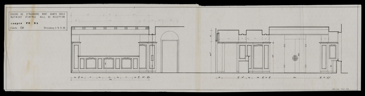 Bâtiment d’entrée, coupes sur le hall de réception.