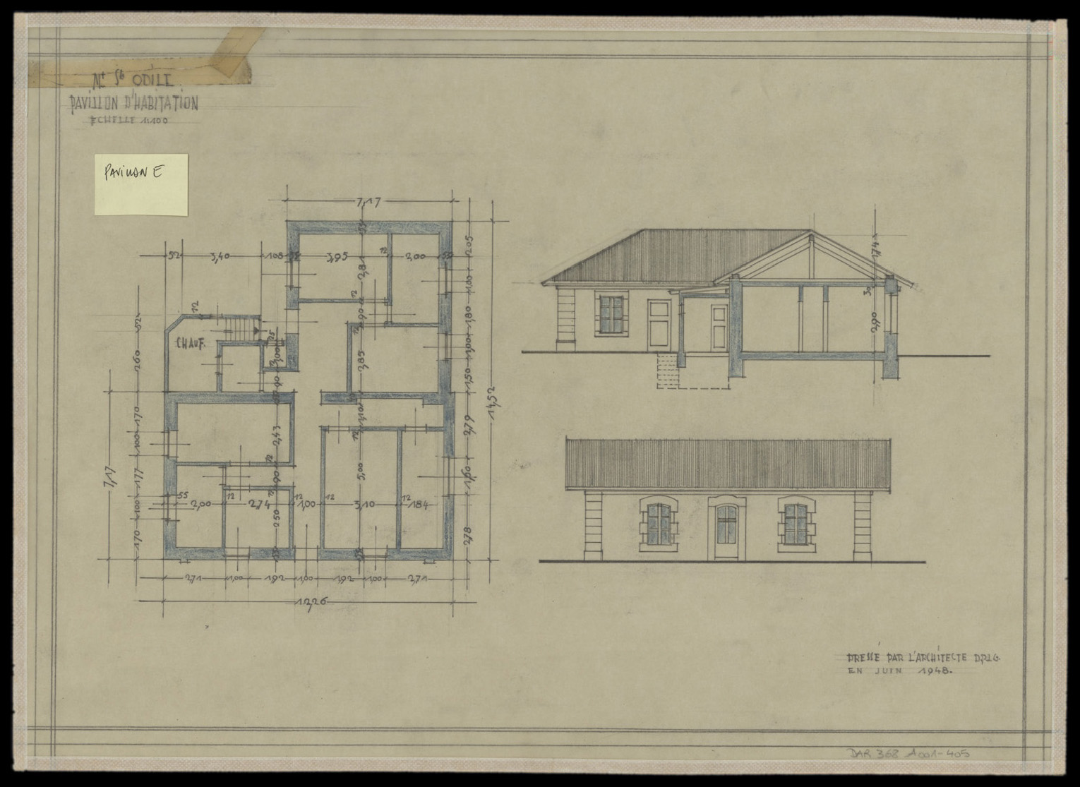 Pavillon d’habitation, plan de masse, élévation et coupe.