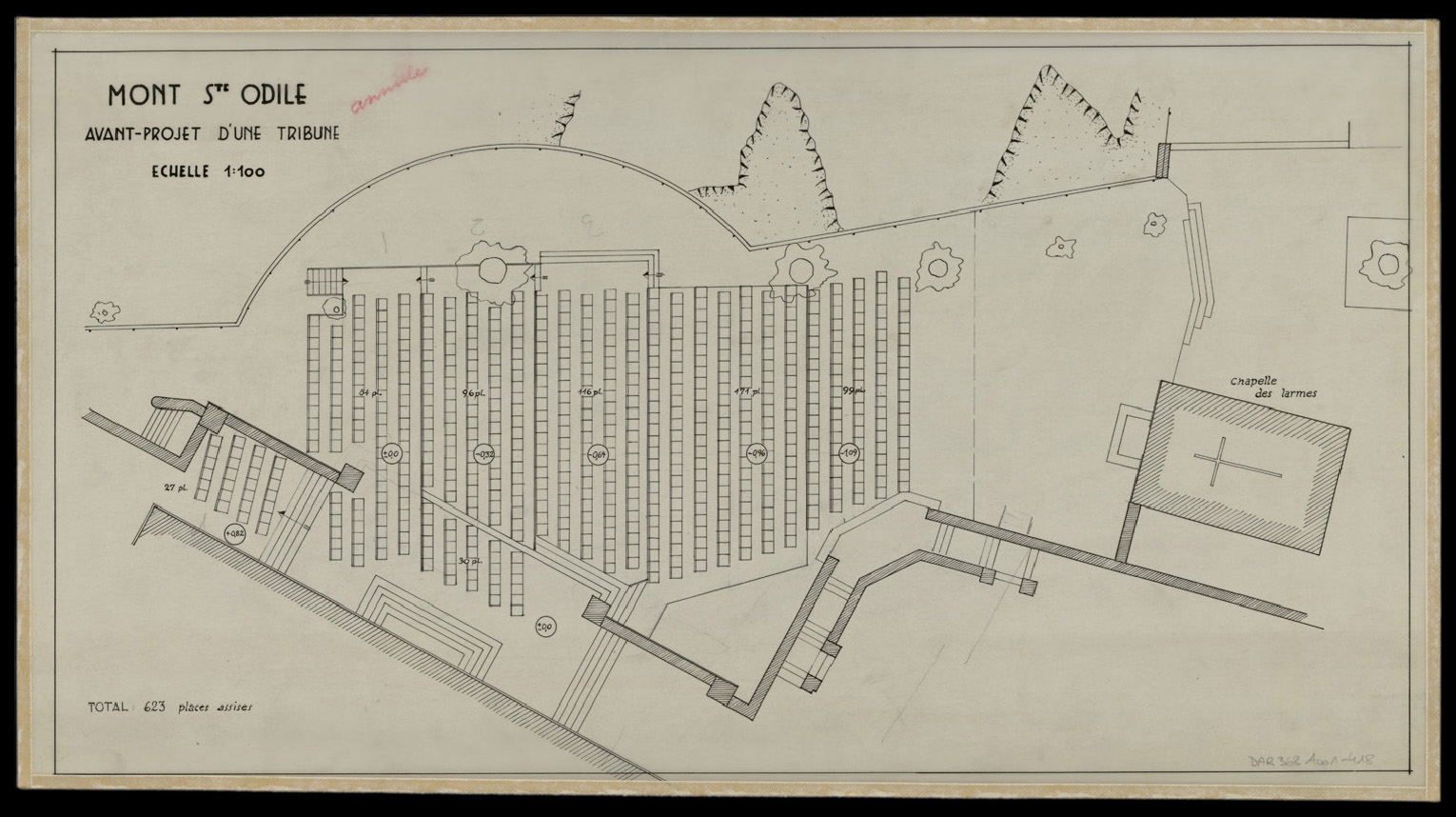 Avant-projet d’installation d’une tribune sur la terrasse, plan d’ensemble.