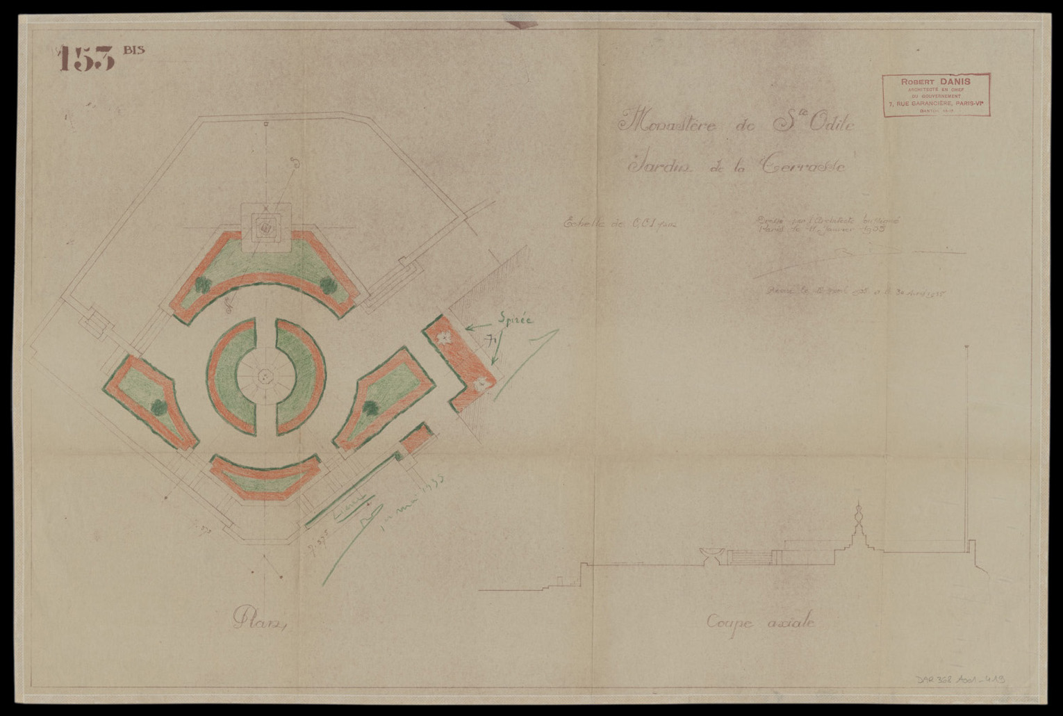 Projet d’aménagement du jardin de la terrasse, plan de masse et coupe axiale.