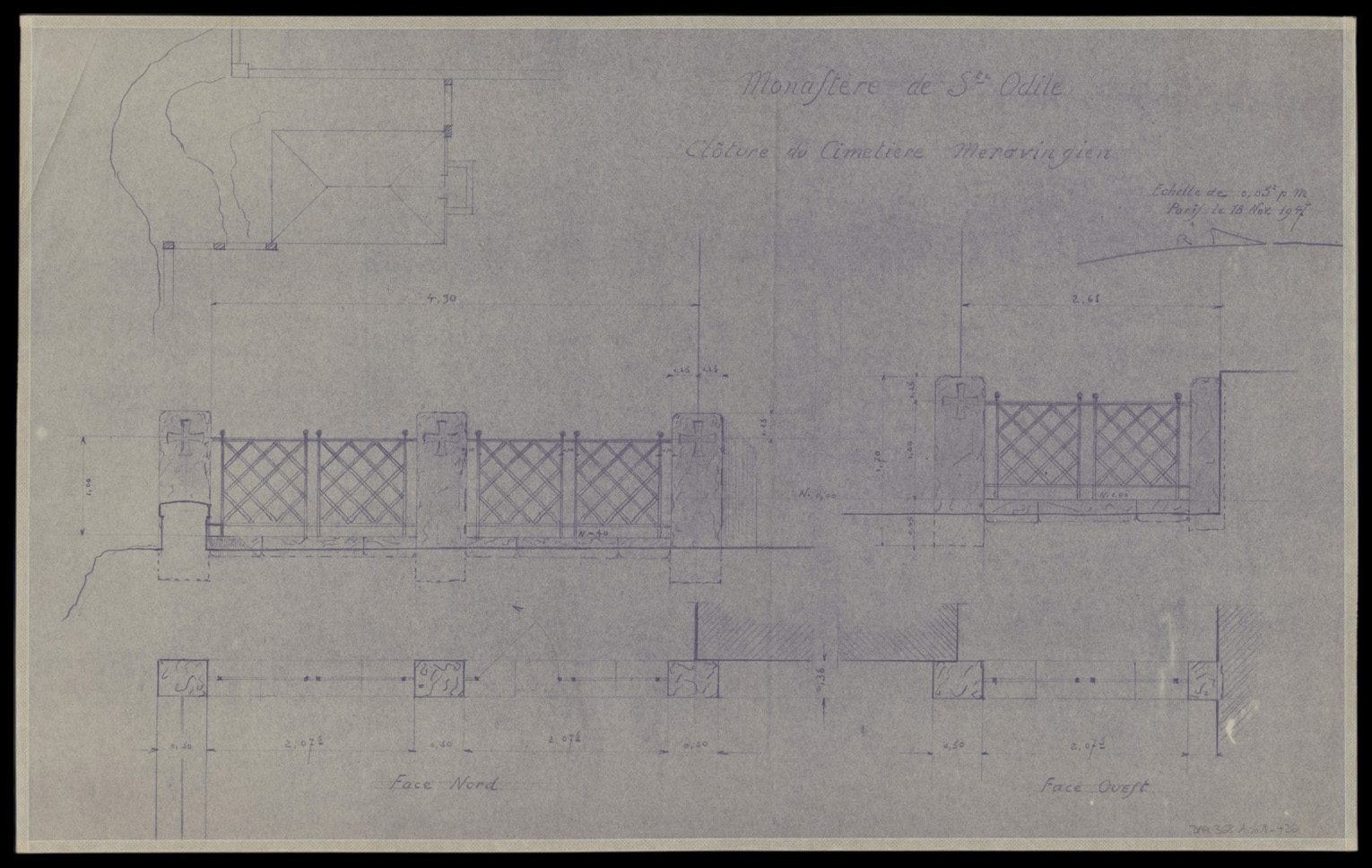 Cimetière mérovingien, plan de situation, plan de masse et élévations de la clôture.