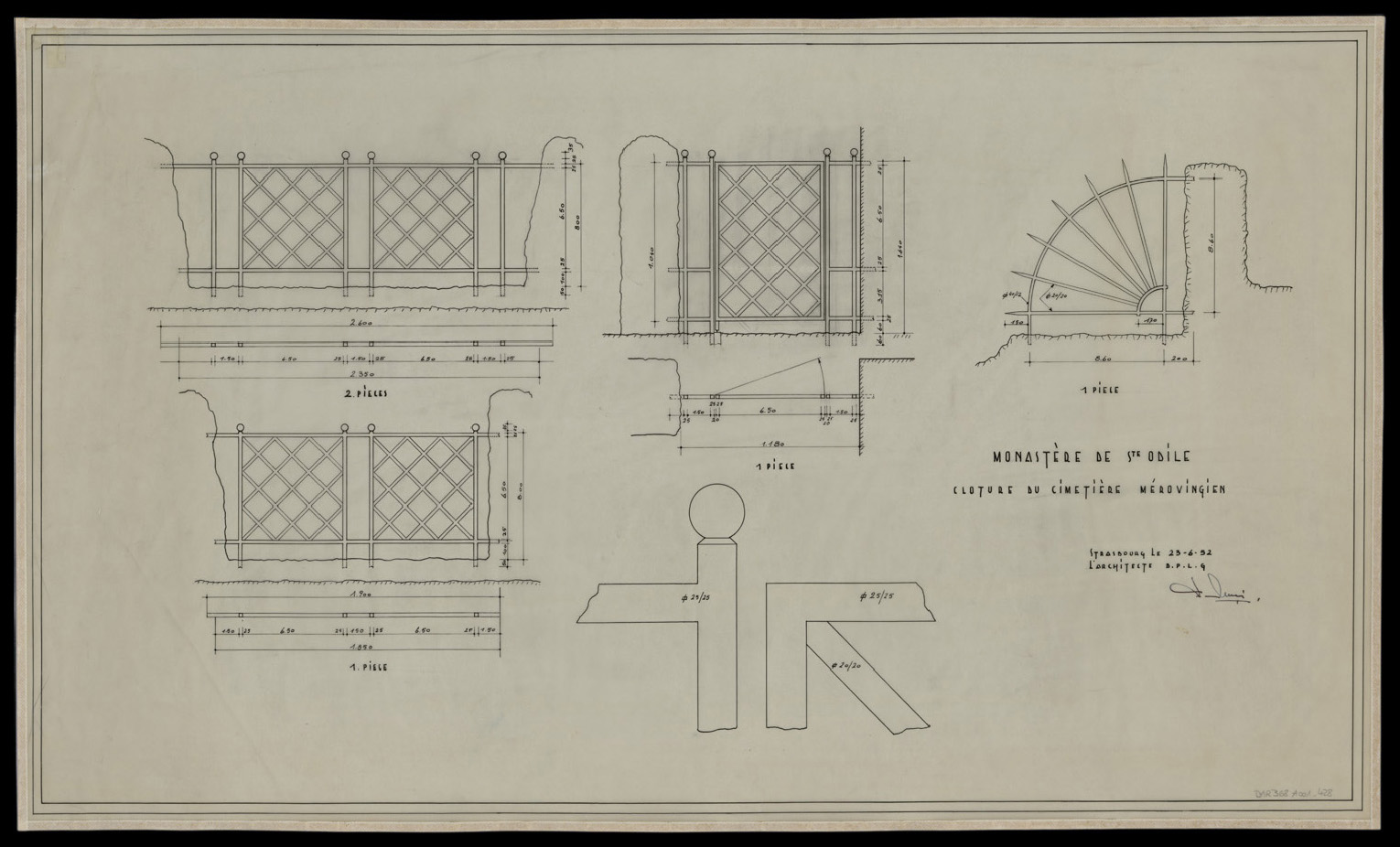 Cimetière mérovingien, élévations et détails de la clôture.