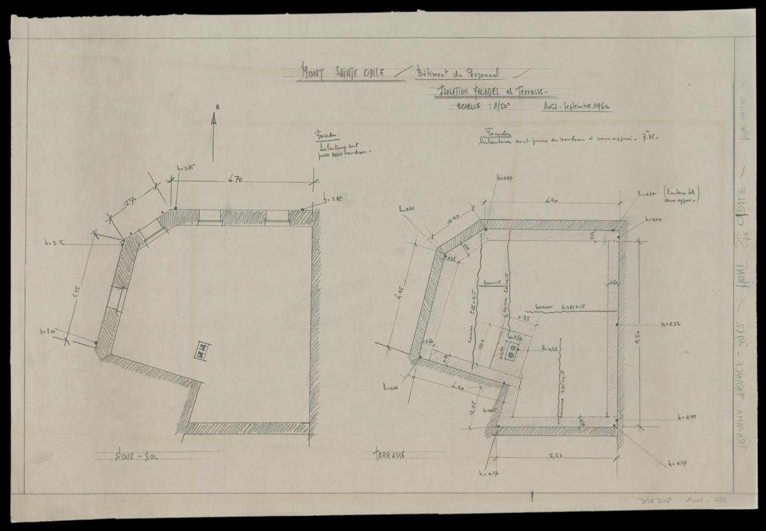 Isolation des façades et de la terrasse du bâtiment du personnel, plans de masse du sous-sol et de la terrasse.