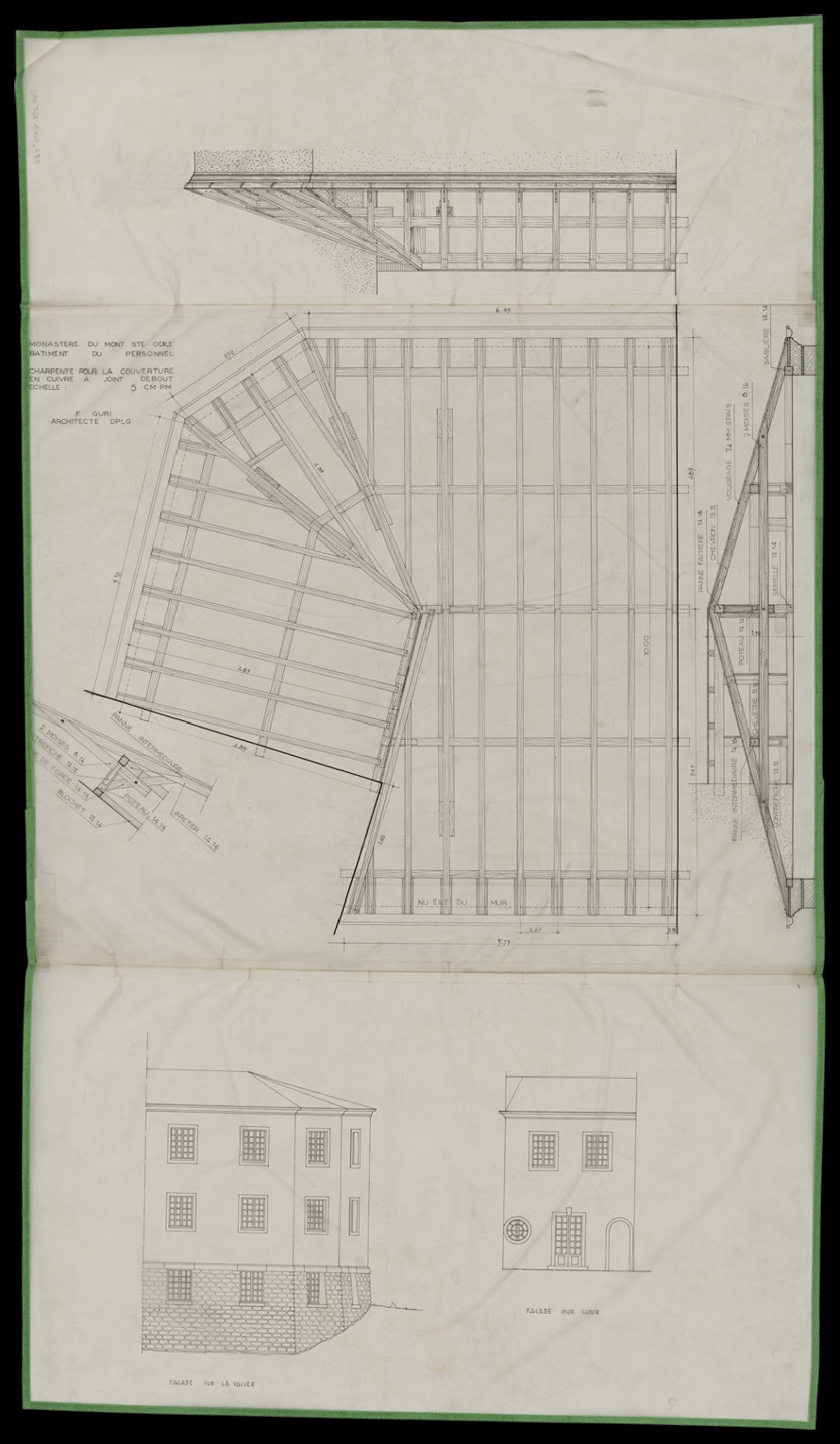 Bâtiment du personnel, élévations des façades, plan de la charpente et détail.