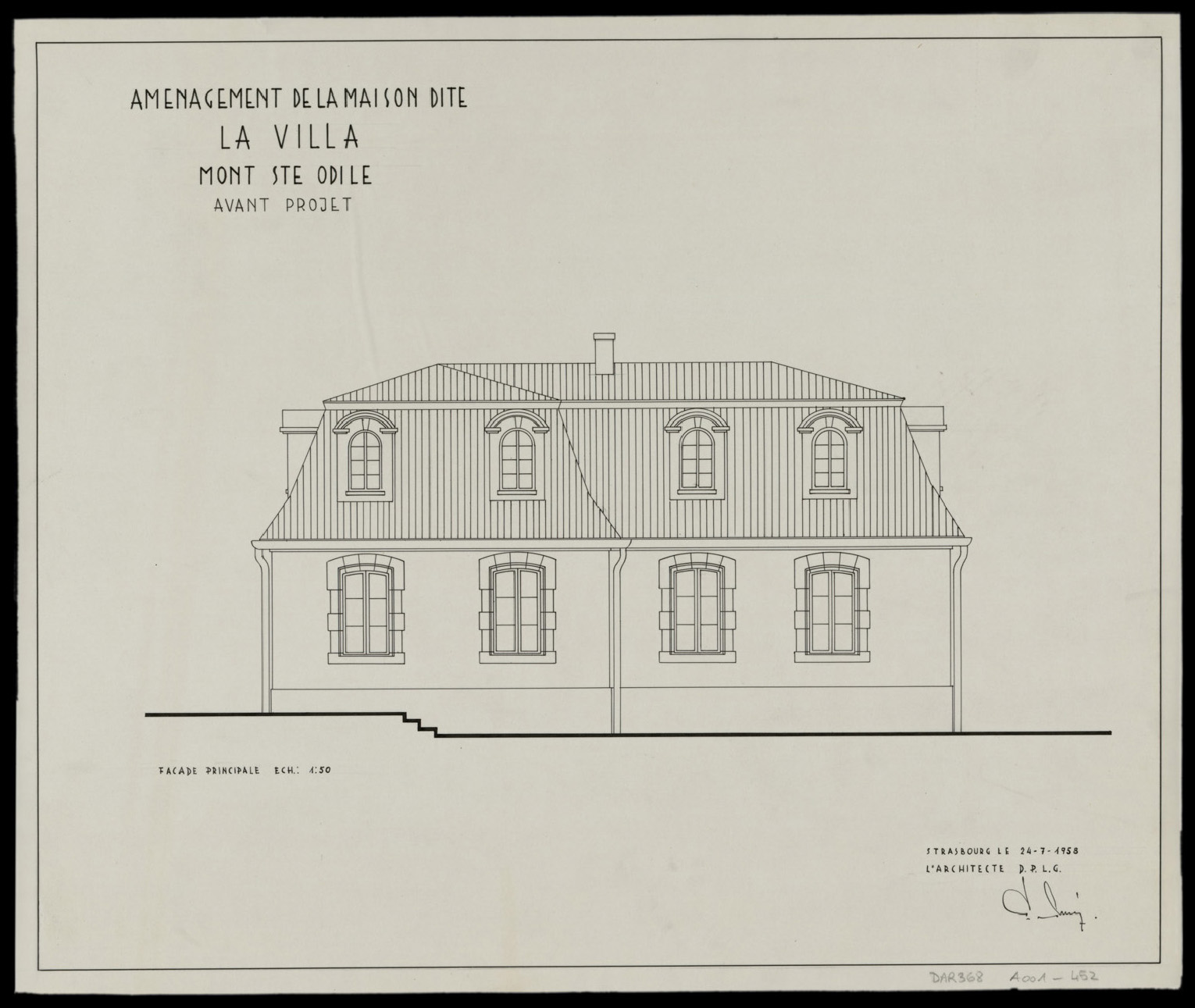 Avant-projet d’aménagement de la maison dite « La Villa », élévation de la façade principale.