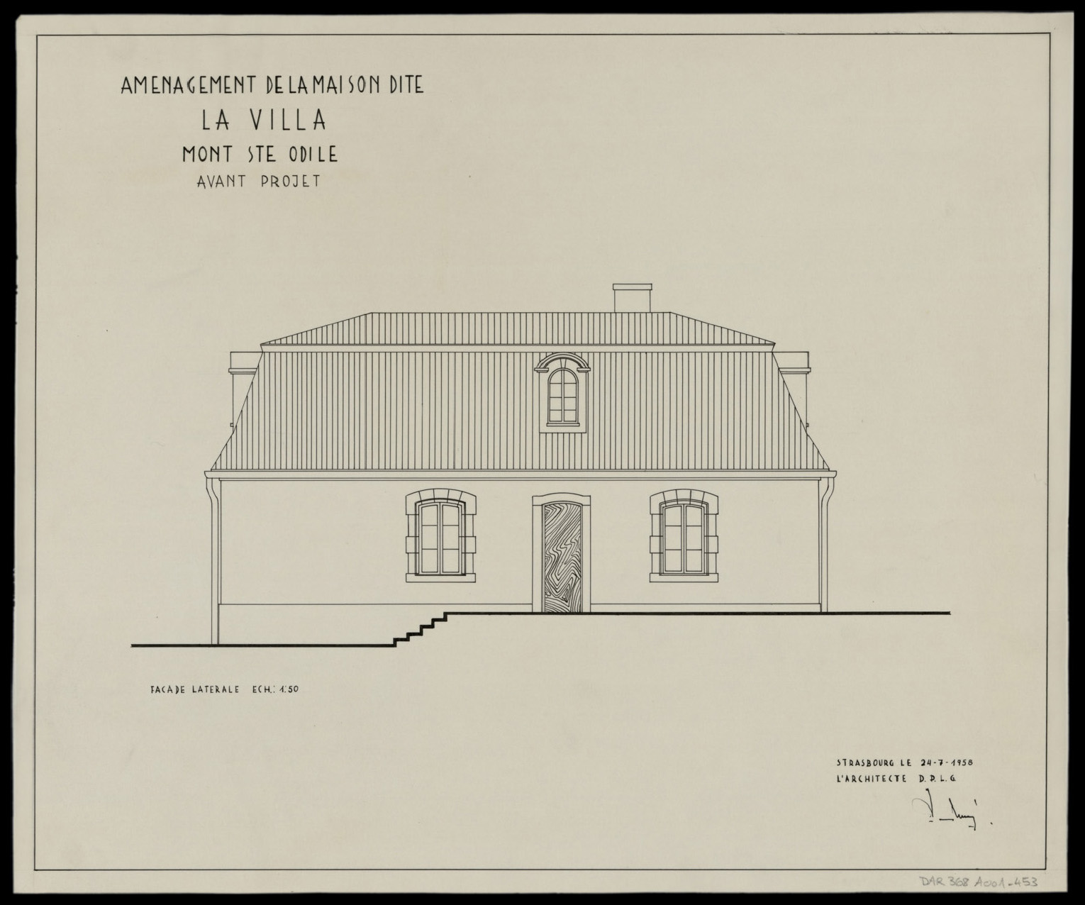 Avant-projet d’aménagement de la maison dite « La Villa », élévation d’une façade latérale.