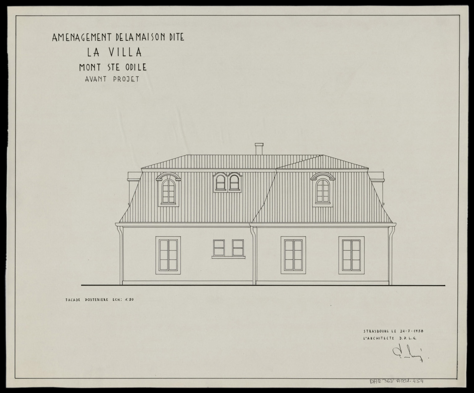 Avant-projet d’aménagement de la maison dite « La Villa », élévation de la façade postérieure.