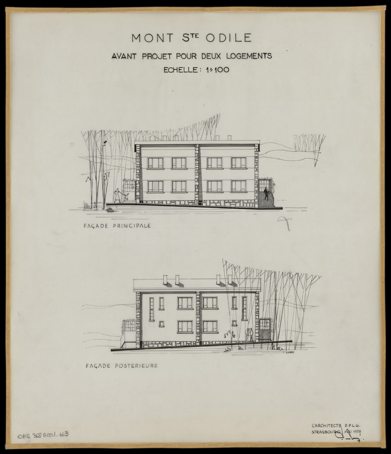 Avant-projet d’une maison à deux logements, élévations des façades principale et postérieure.