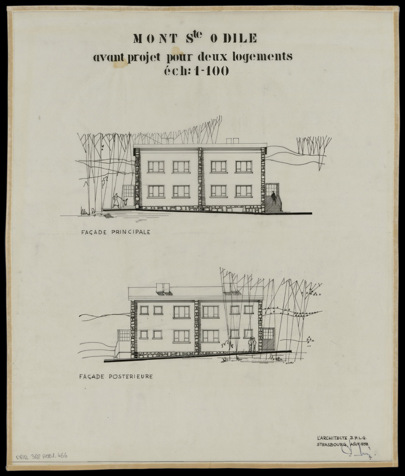 Avant-projet d’une maison à deux logements, élévations des façades principale et postérieure.