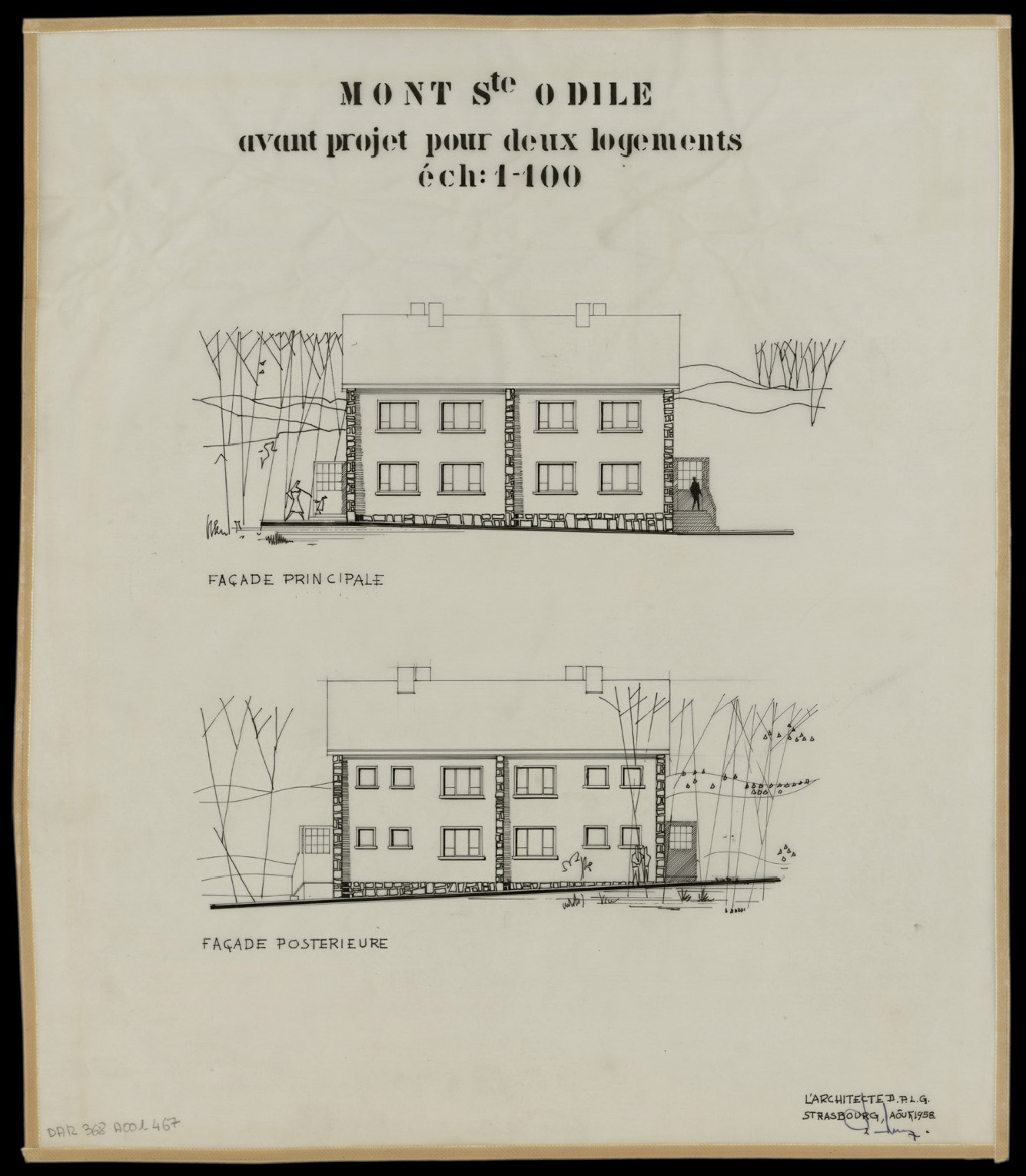 Avant-projet d’une maison à deux logements, élévations des façades principale et postérieure.