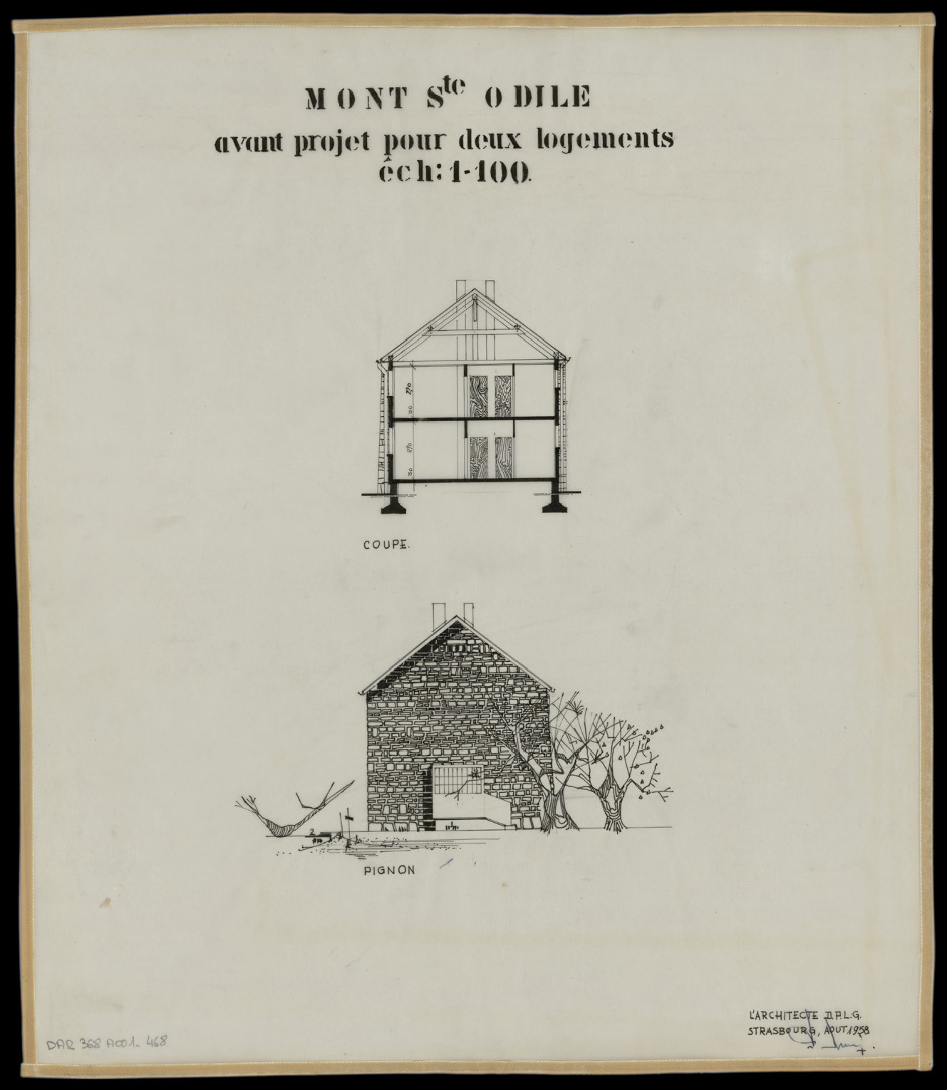 Avant-projet d’une maison à deux logements, élévation de la façade pignon et coupe.