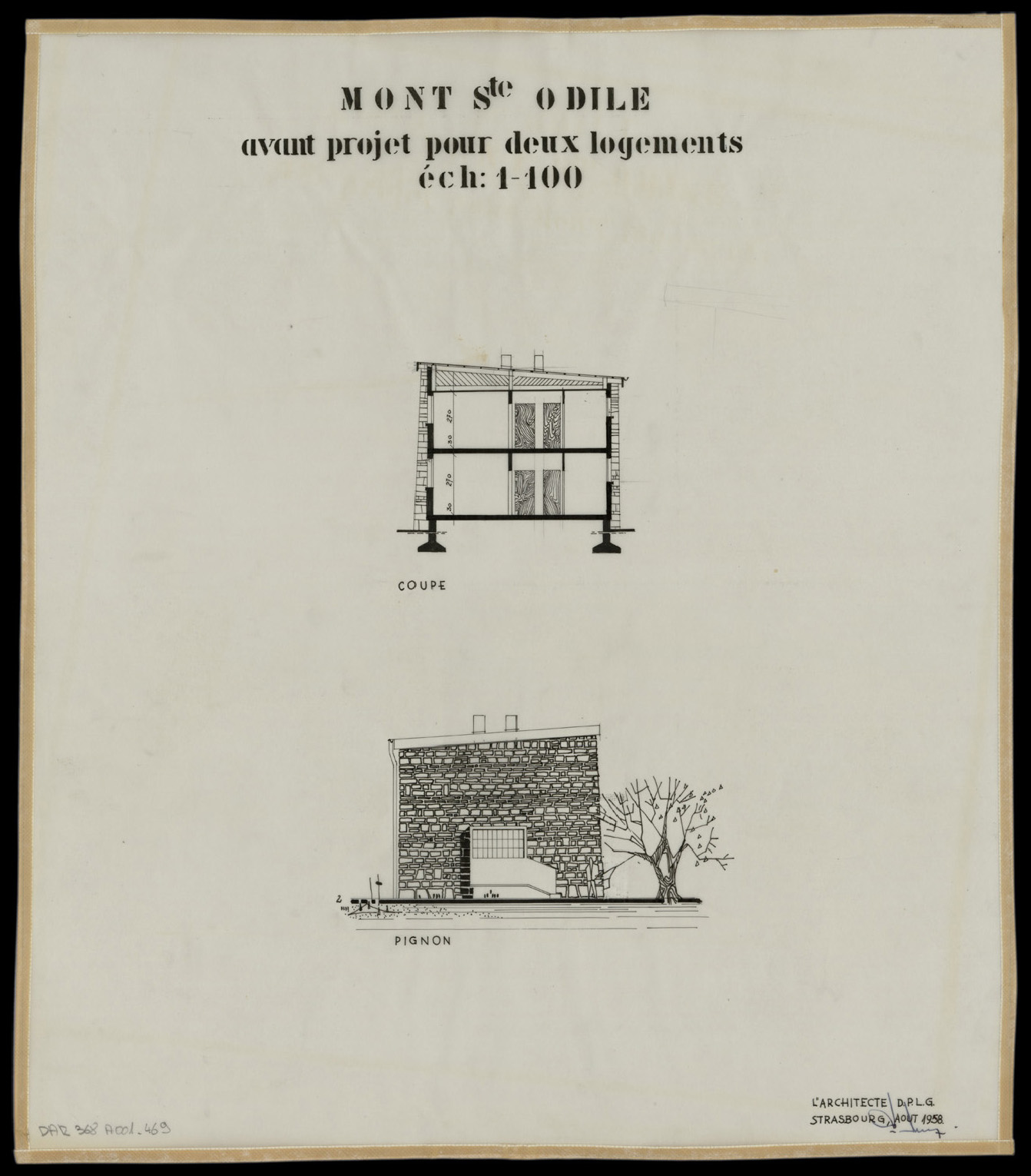 Avant-projet d’une maison à deux logements, élévation de la façade pignon et coupe (variantes).