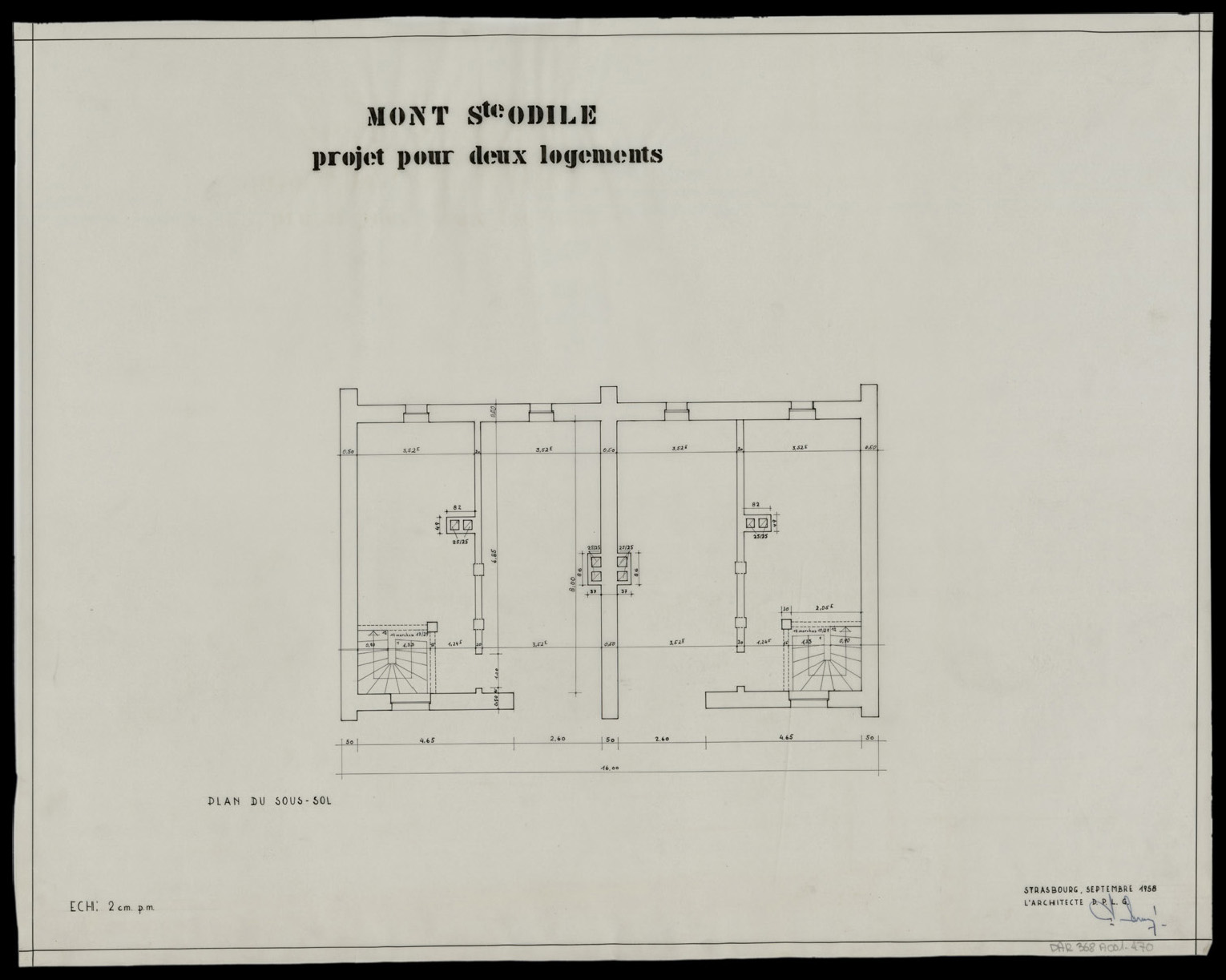 Projet d’une maison à deux logements, plan de masse du sous-sol.