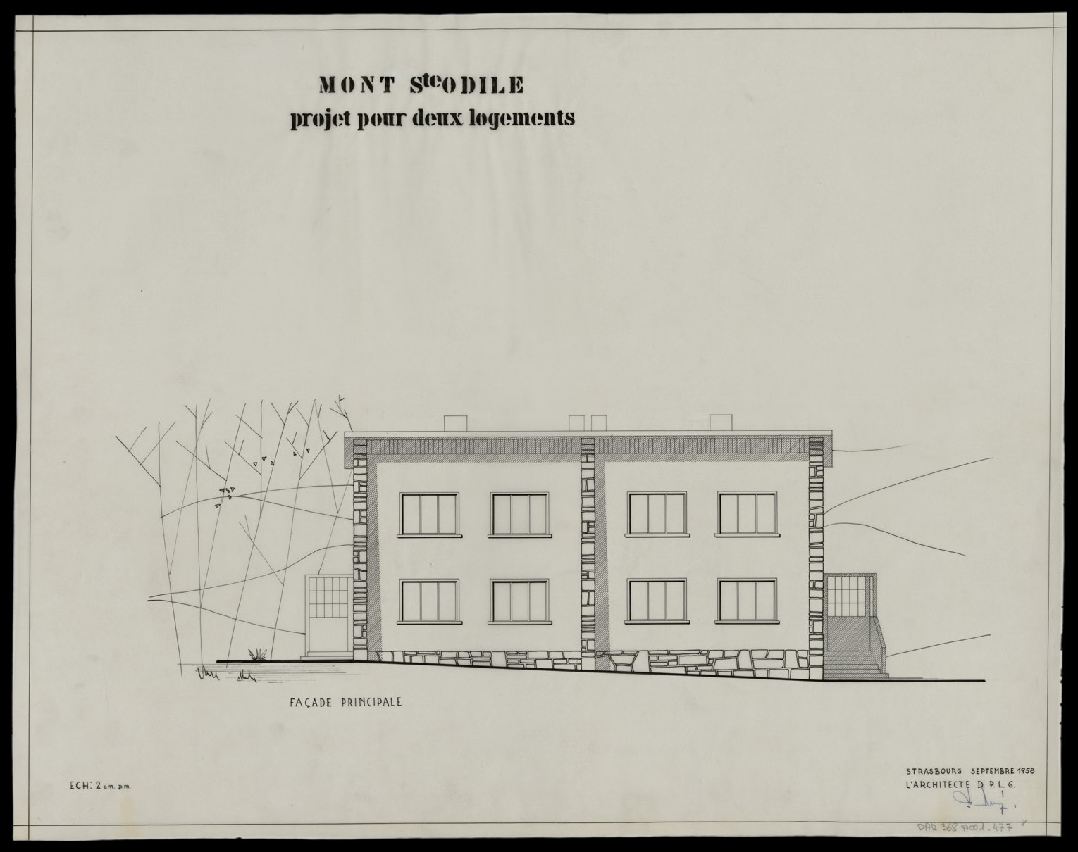 Projet d’une maison à deux logements, élévation de la façade principale.