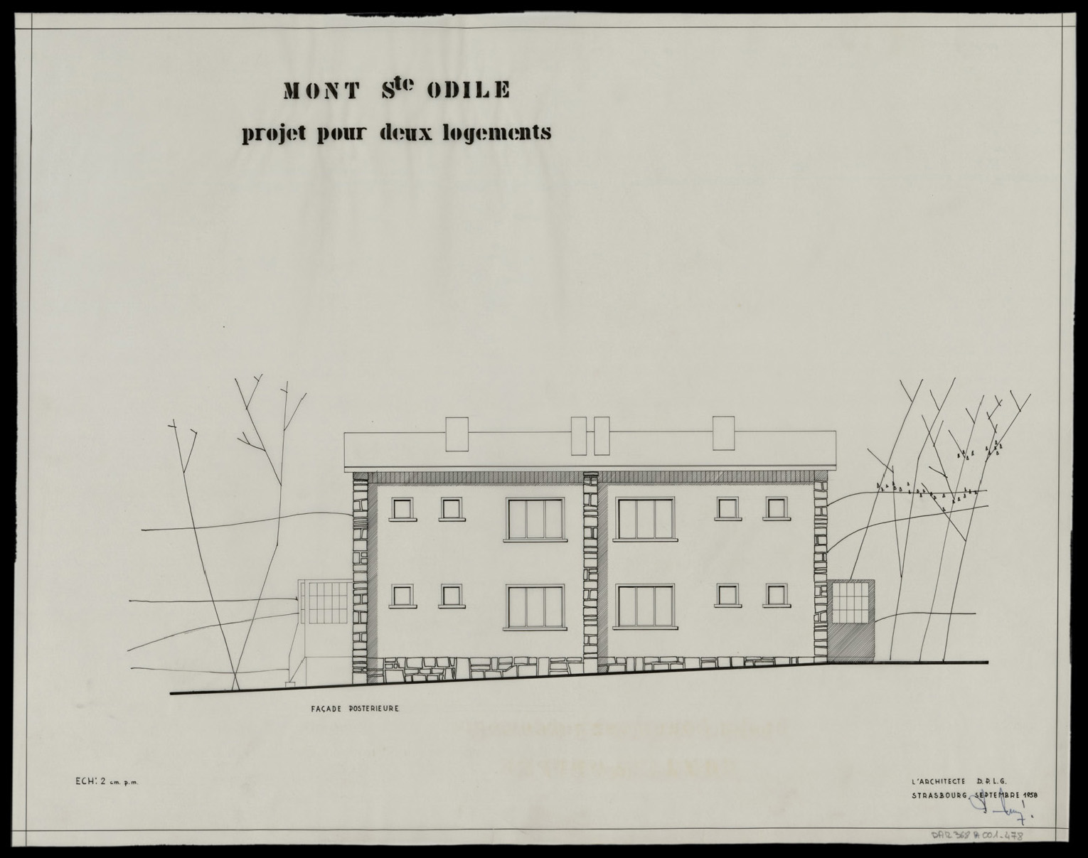 Projet d’une maison à deux logements, élévation de la façade postérieure.