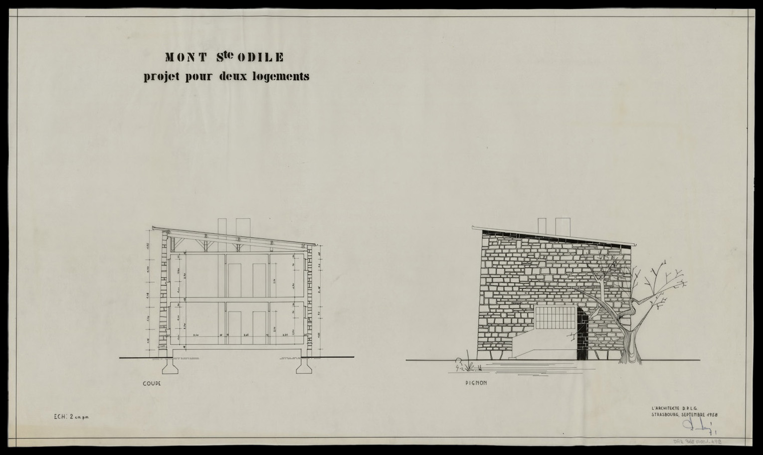 Projet d’une maison à deux logements, élévation de la façade pignon et coupe.