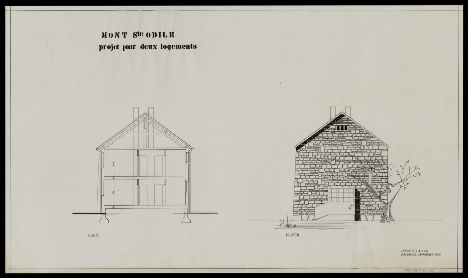 Projet d’une maison à deux logements, élévation de la façade pignon et coupe (variantes).