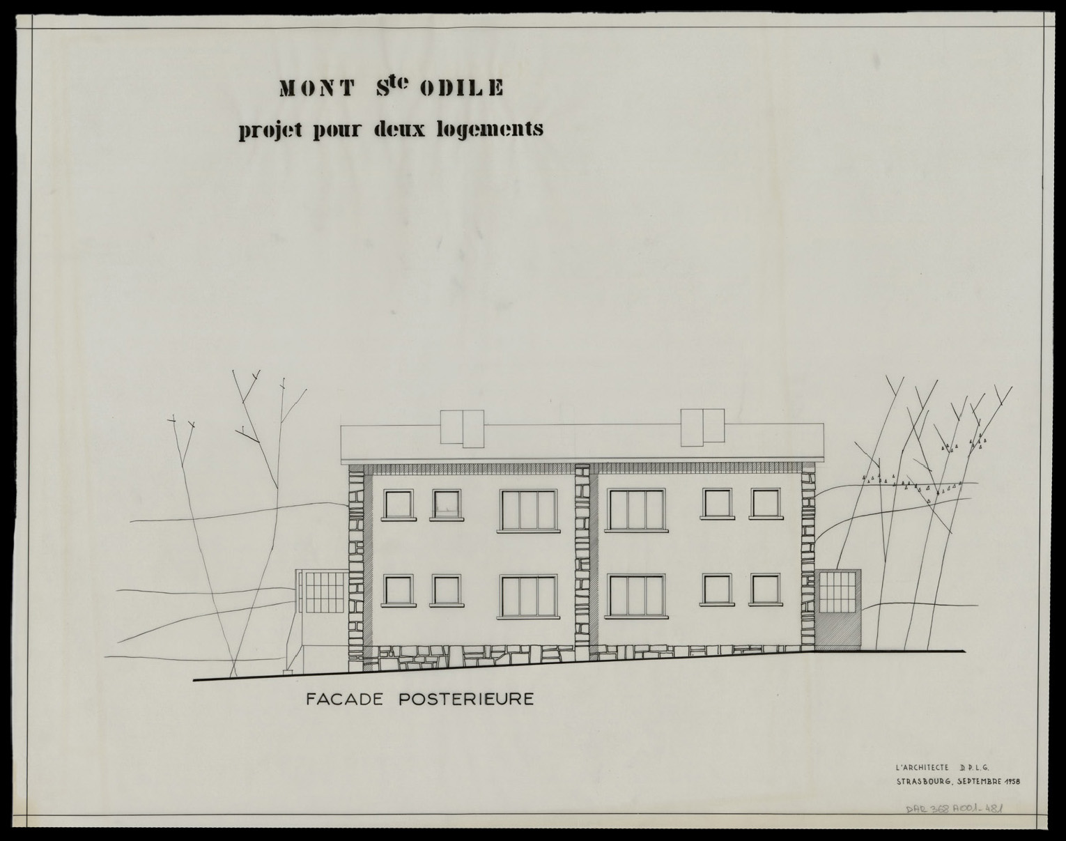 Projet d’une maison à deux logements, élévation de la façade postérieure.