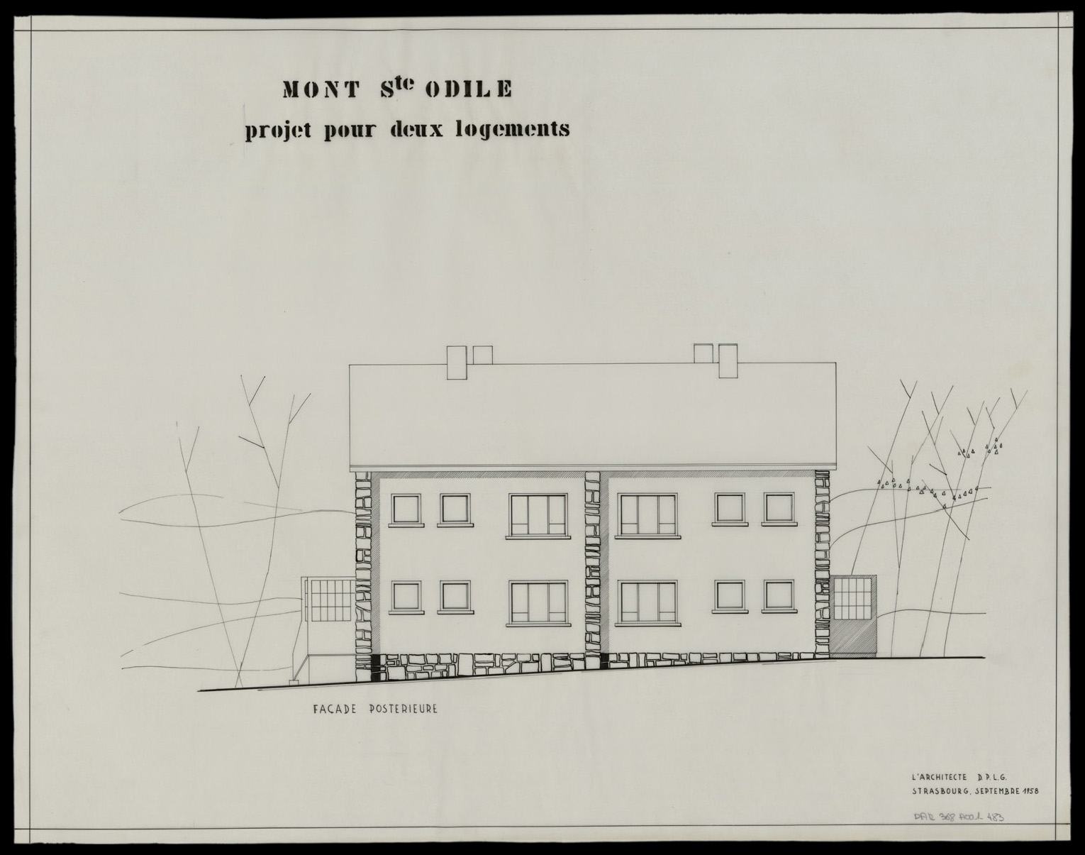 Projet d’une maison à deux logements, élévation de la façade postérieure (variante).