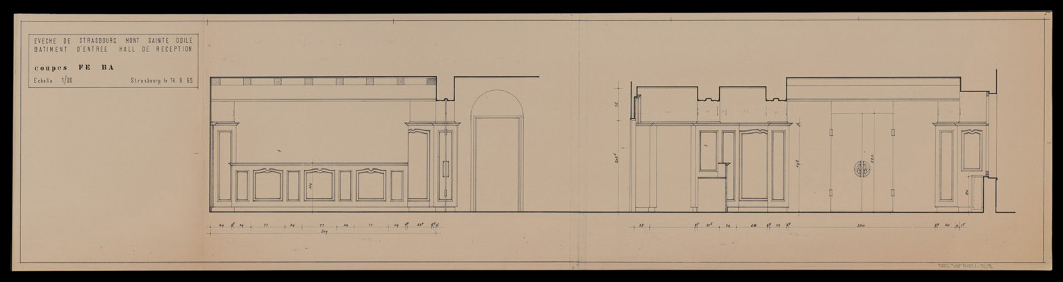 Bâtiment d’entrée, coupes intérieures sur le hall de réception.