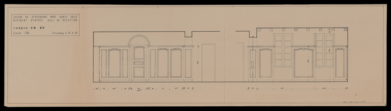 Bâtiment d’entrée, coupes intérieures sur le hall de réception.