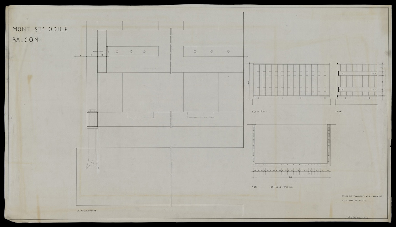 Balcon, plan, élévation, coupe et détails.