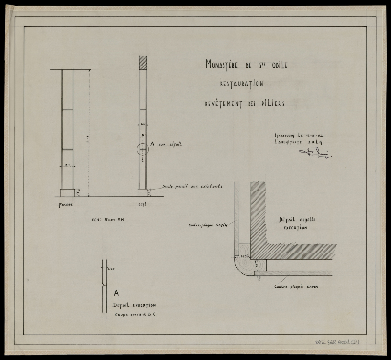 Travaux de revêtement des piliers, élévation, coupe et détails.