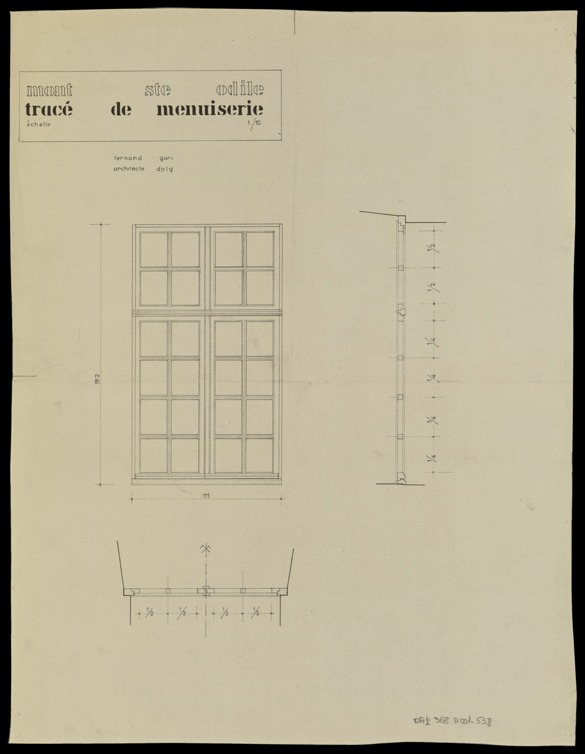 Fenêtre, plan, élévation et coupe.