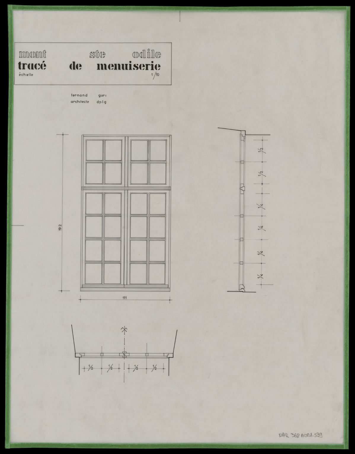 Fenêtre, plan, élévation et coupe.