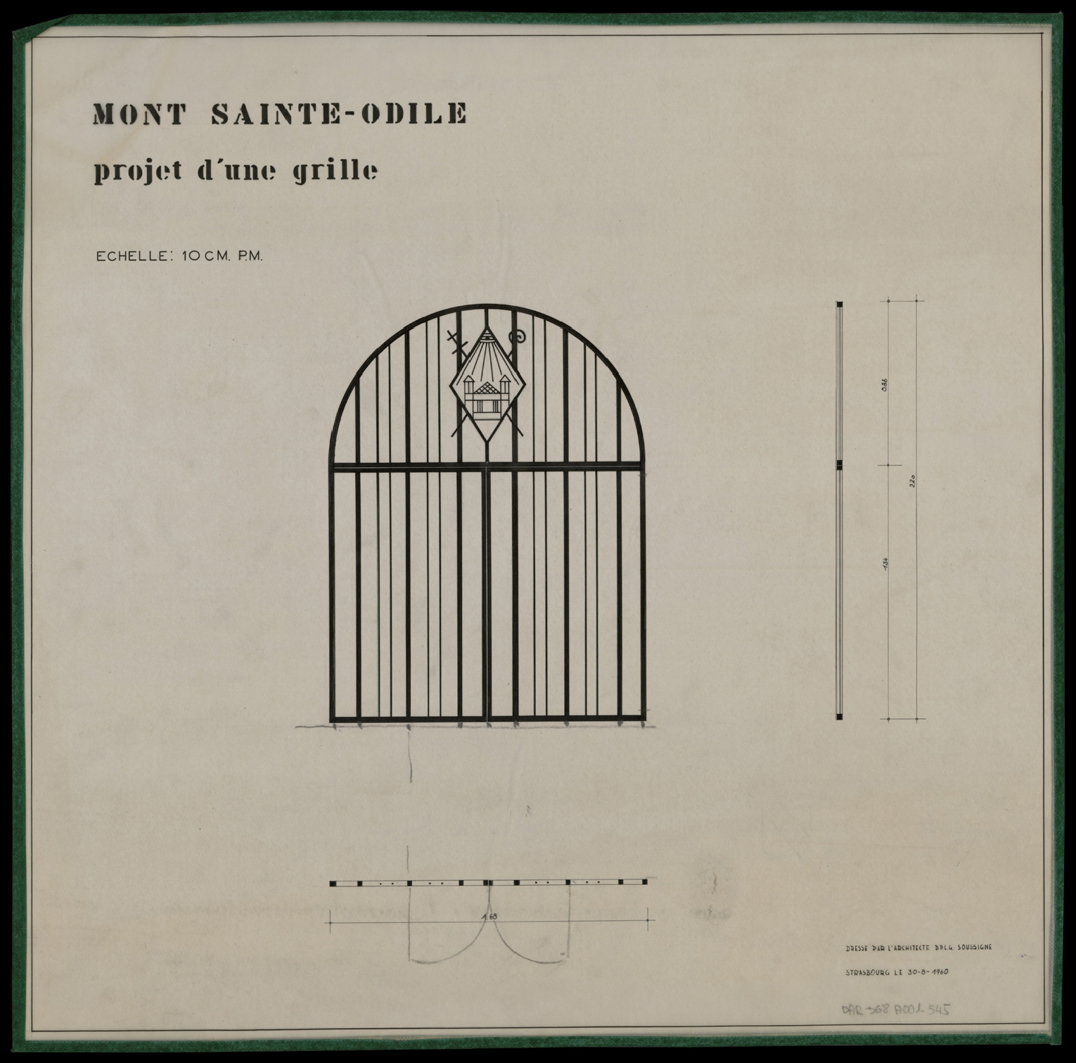 Projet de grille, plan, élévation et coupe.