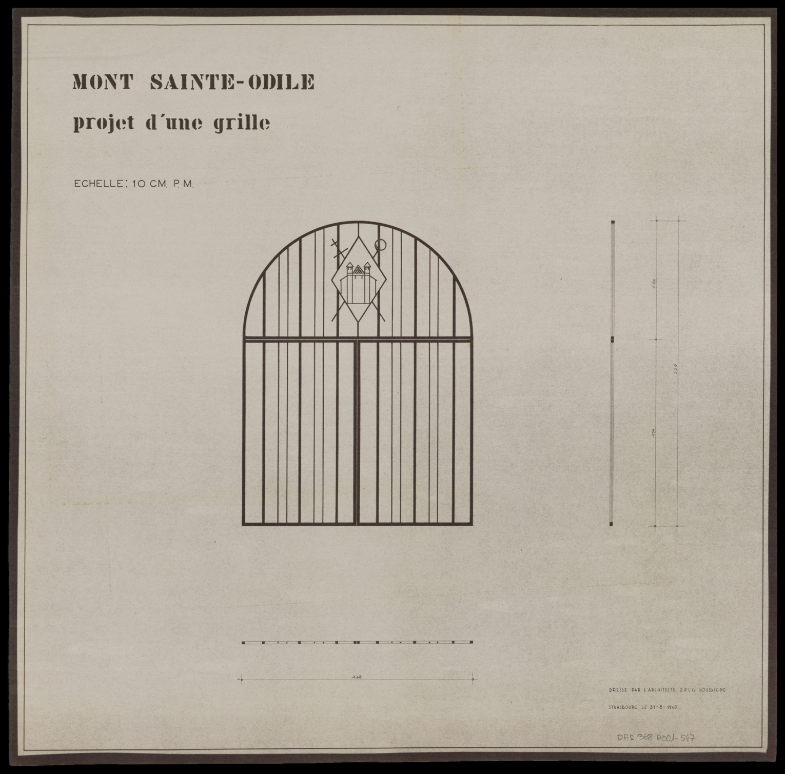 Projet de grille, plan, élévation et coupe.