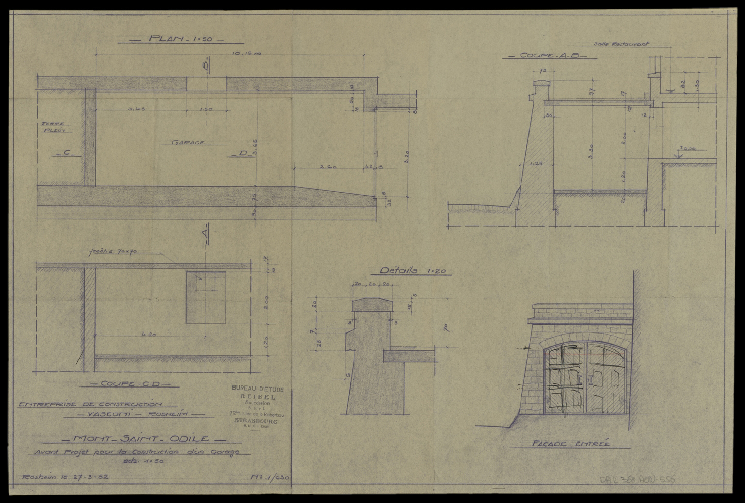 Projet de garage, plan de masse, élévation, coupes et détails.