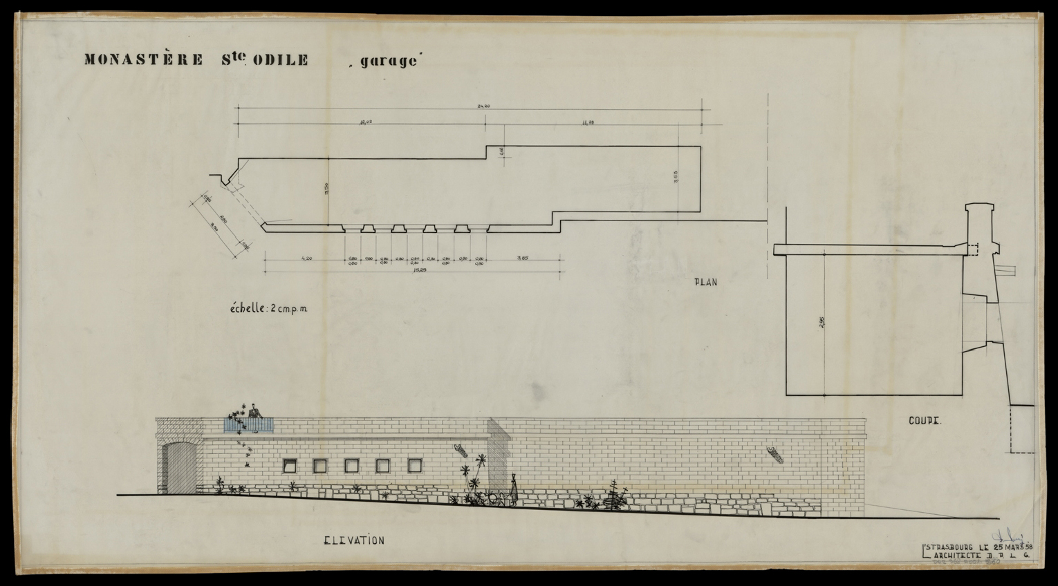 Projet de garage, plan de masse, élévation et coupe.