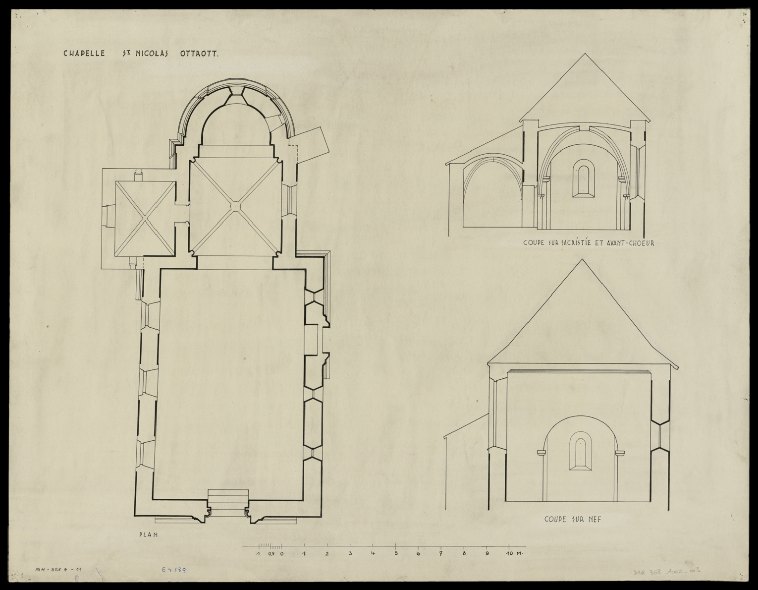 Plan de masse et coupes sur la nef et le choeur.